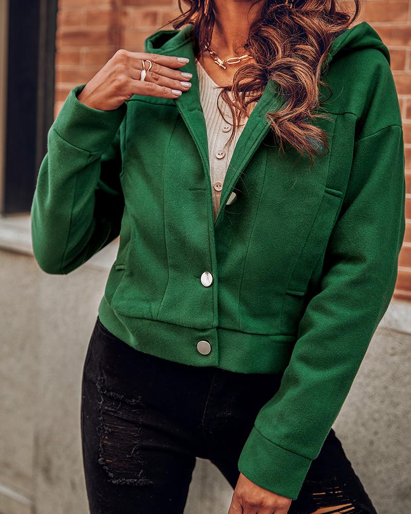 

Velvet Long Sleeve Button Design Hooded Coat, Green