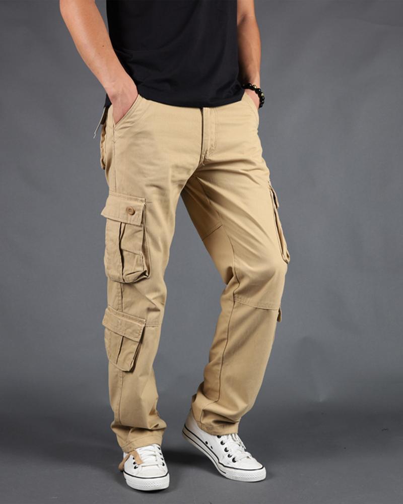 

Solid Loose Straight Leg Cargo Pants, Khaki
