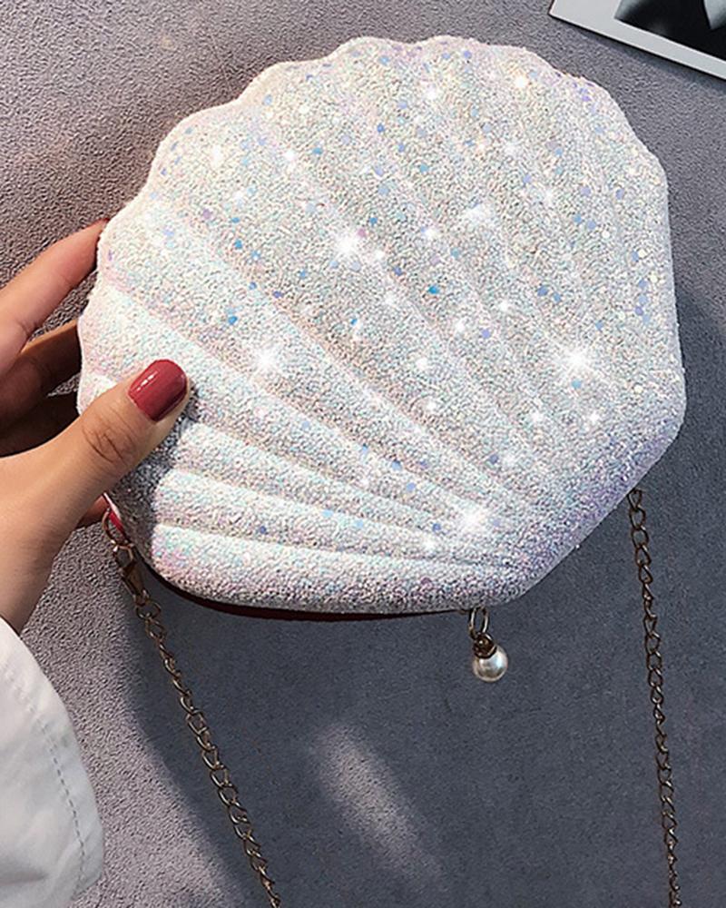 

Shell Shaped Glitter Crossbody Evening Bag, White