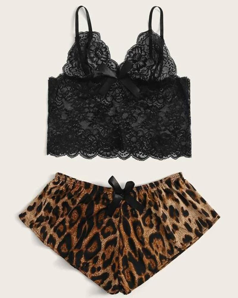 

Lace Cheetah Tank Shorts Set, Black