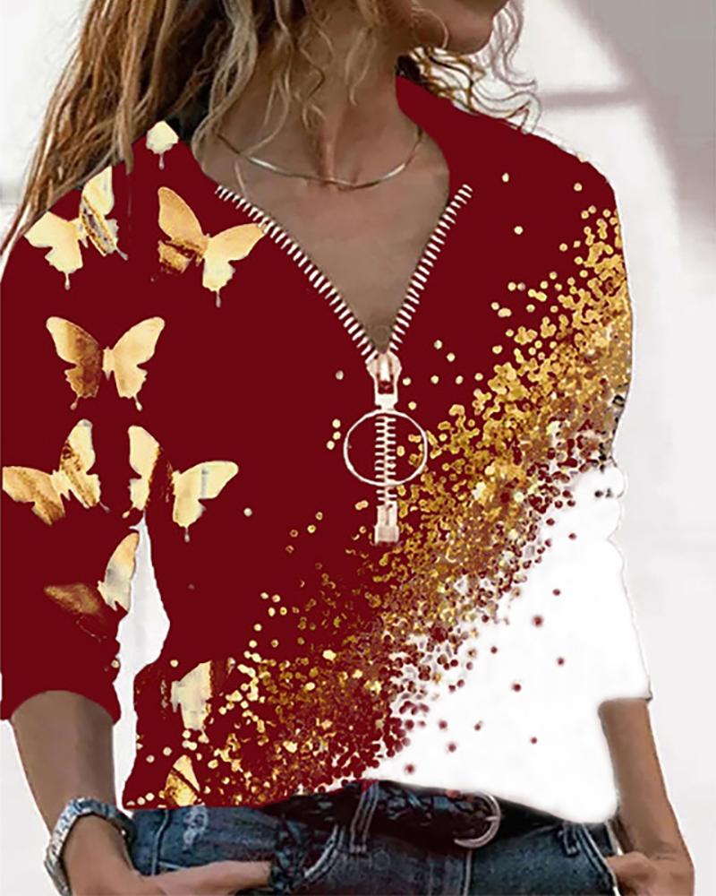 

Butterfly Print Colorblock Zip Front Top, Red