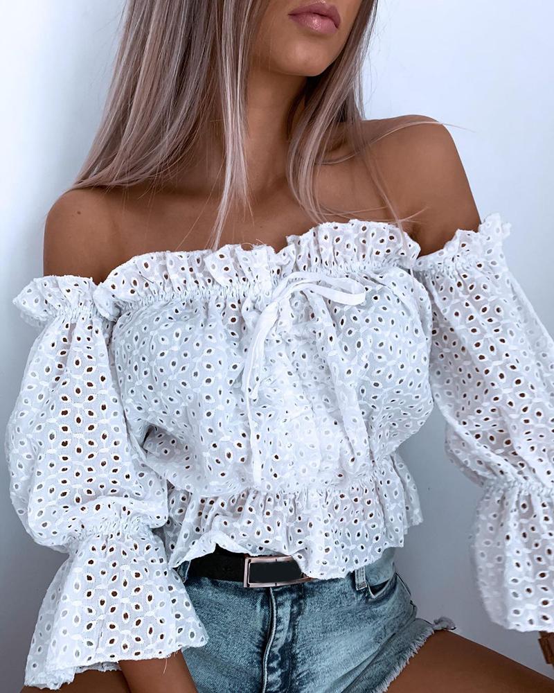 

Off Shoulder Eyelet Embroidery Bell Sleeve Top, White