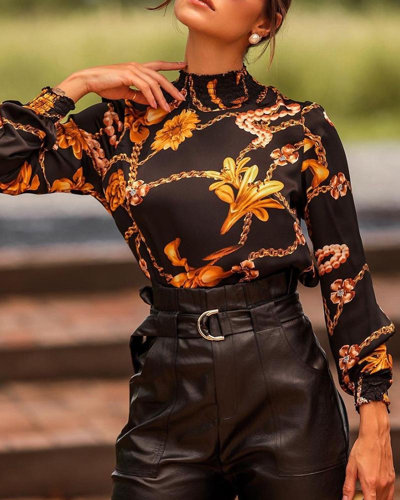 

Chain Floral Print Shirred Mock Neck Top, Black
