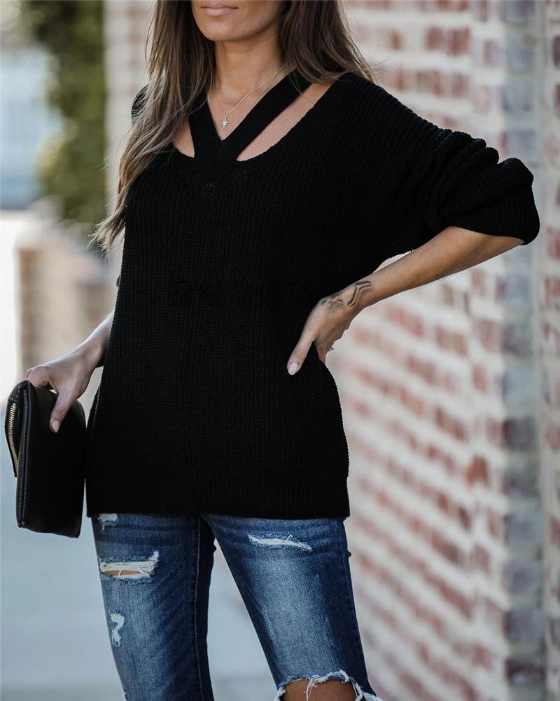 

Solid Cutout Knit Long Sleeve Sweater, Black