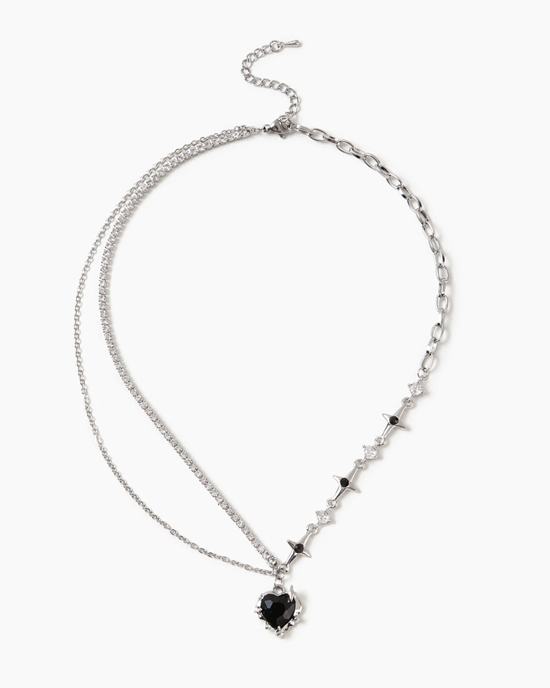 

1pc Heart Shaped Gem Stone Pendant Necklace, Black