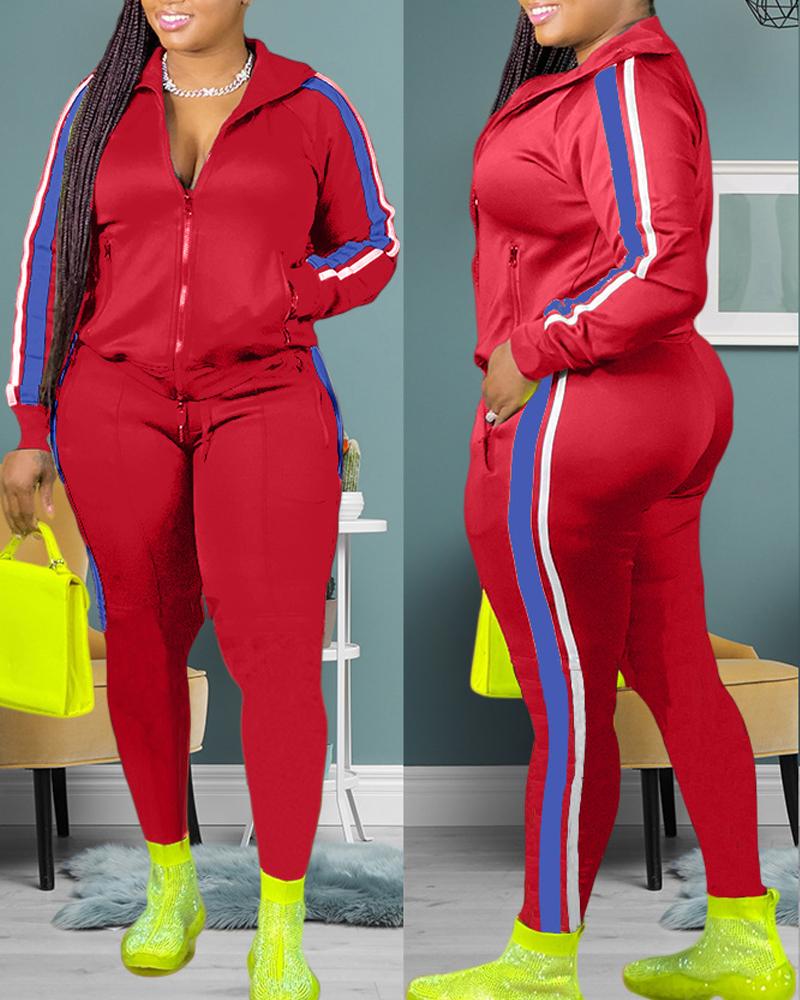 

Plus Size Contrast Paneled Zip Up Top & Pants Set, Red