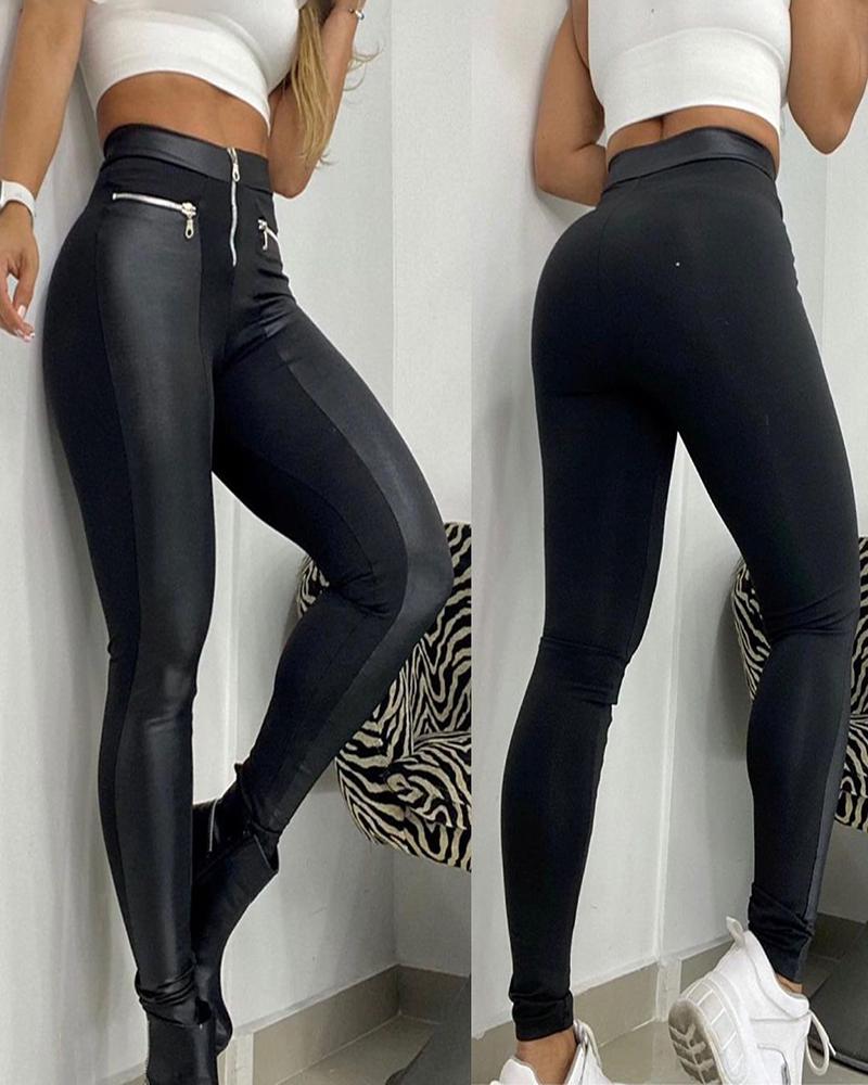 

Zipper Design PU Leather Patch Skinny Pants, Black