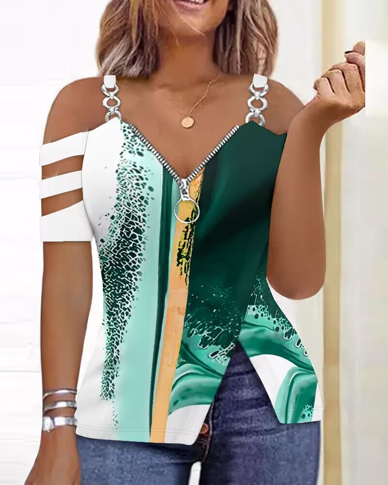 

Tie Dye Print Zip Detail Cold Shoulder Top, Green