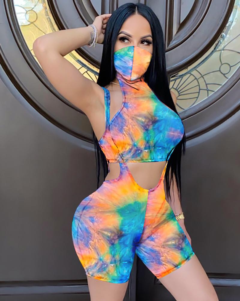 

Print Sleeveless Top With Face Cover & Suspender Short Set, Orange