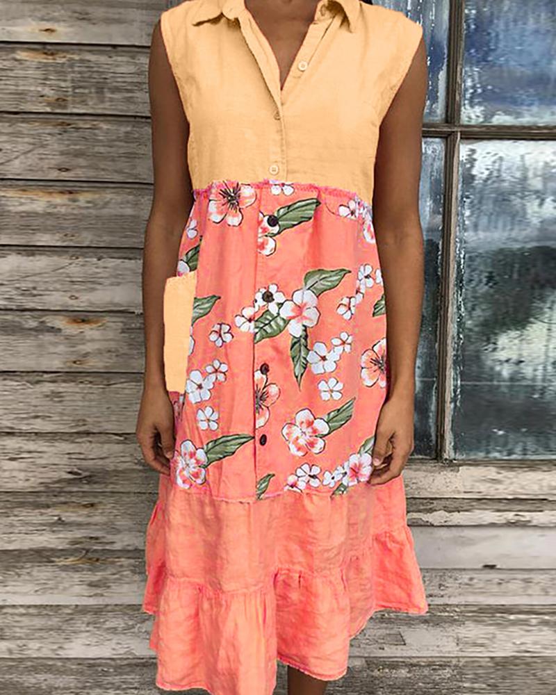 

Floral Print Colorblock Button Design Casual Dress, Style2