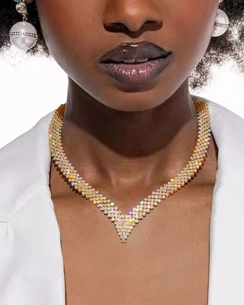 

1pc Sparkling Rhinestone Decor Chain Necklace, Gold