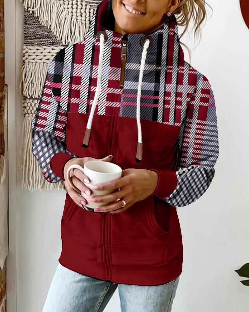 

Plaid Print Long Sleeve Drawstring Hoodie, Red