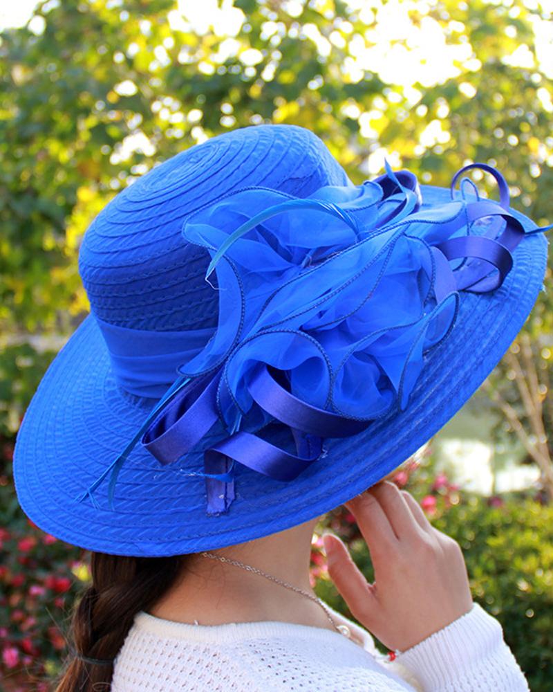 

Kentucky Derby Bowler Church Cloche Fascinator Hat Feather Bowknot Organza Church Dress Cap, Blue