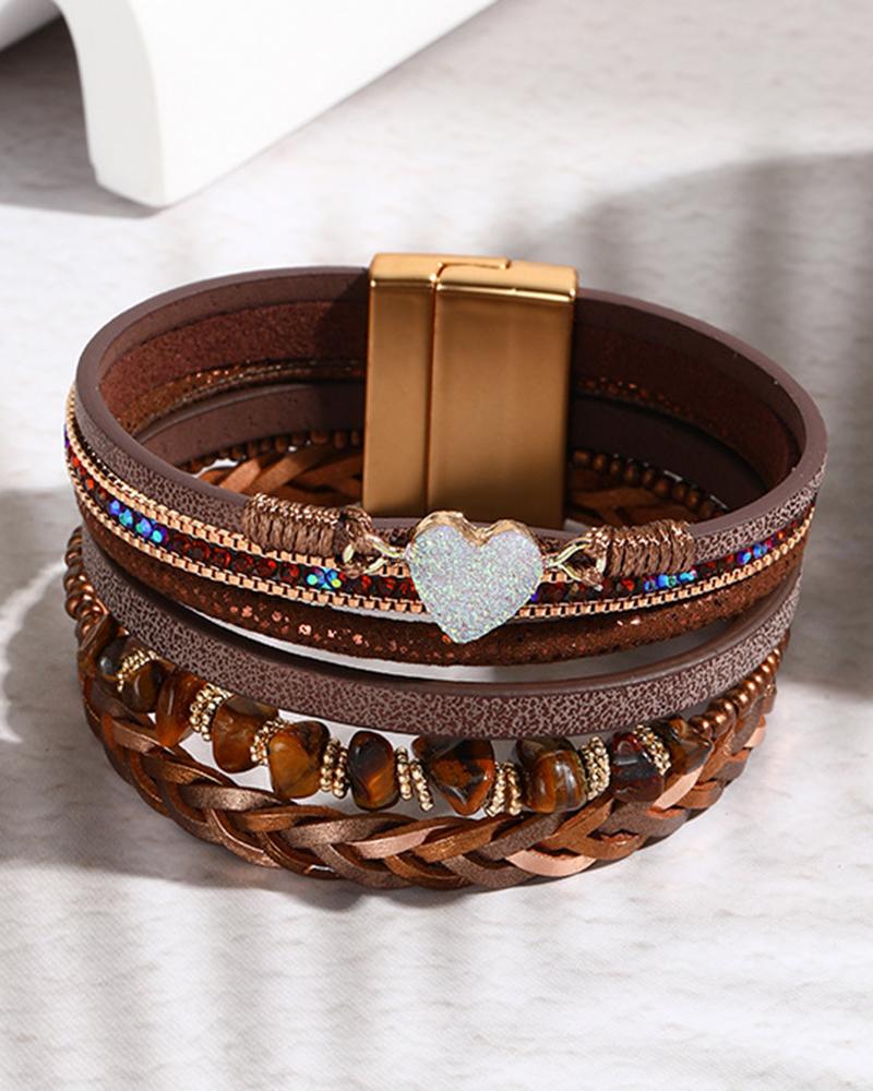 

1pc Heart Pattern Asymmetrical Stone Beaded Multi Layered Braided Magnetic Bracelet, Coffee