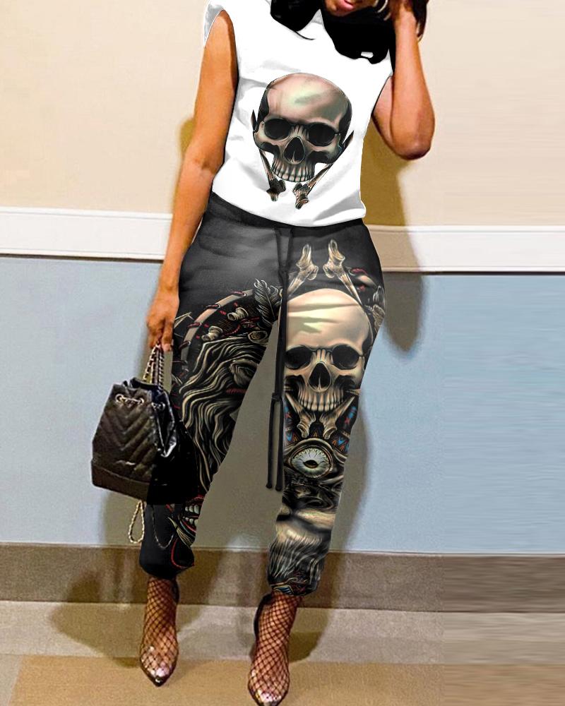 

Halloween Skull Print Sleeveless Hooded Top & Pants Set, Blackwhite