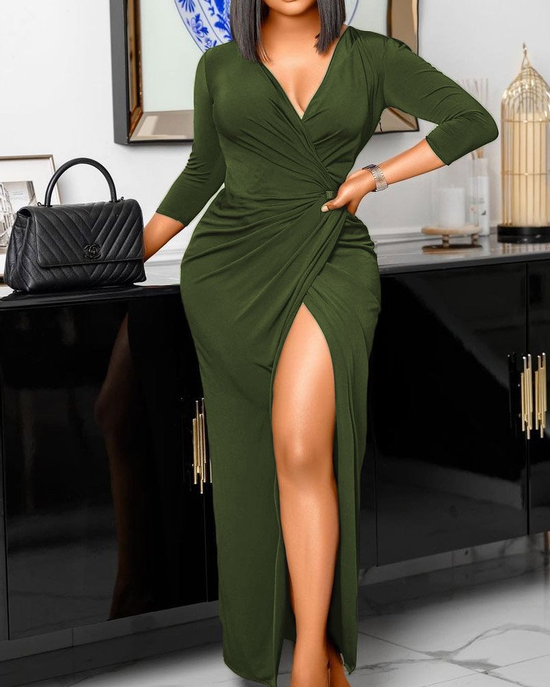 

Long Sleeve High Slit Wrap Maxi Dress, Green