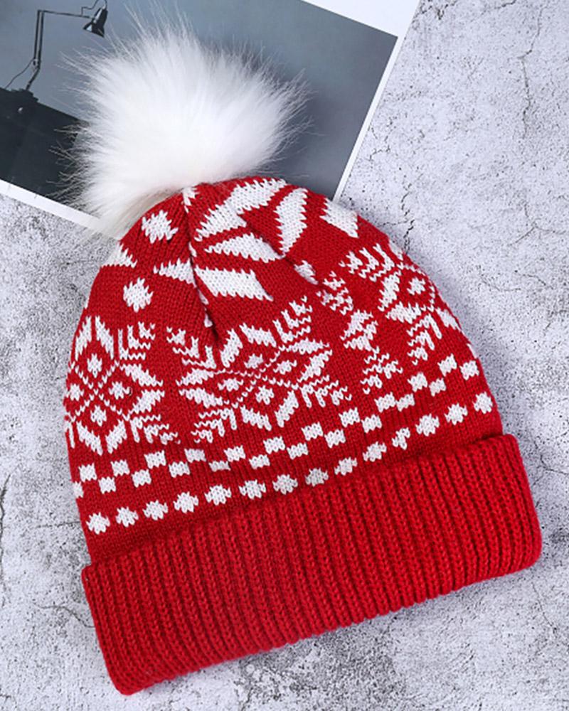 

Christmas Print Pom Pom Cuffed Beanie, Red