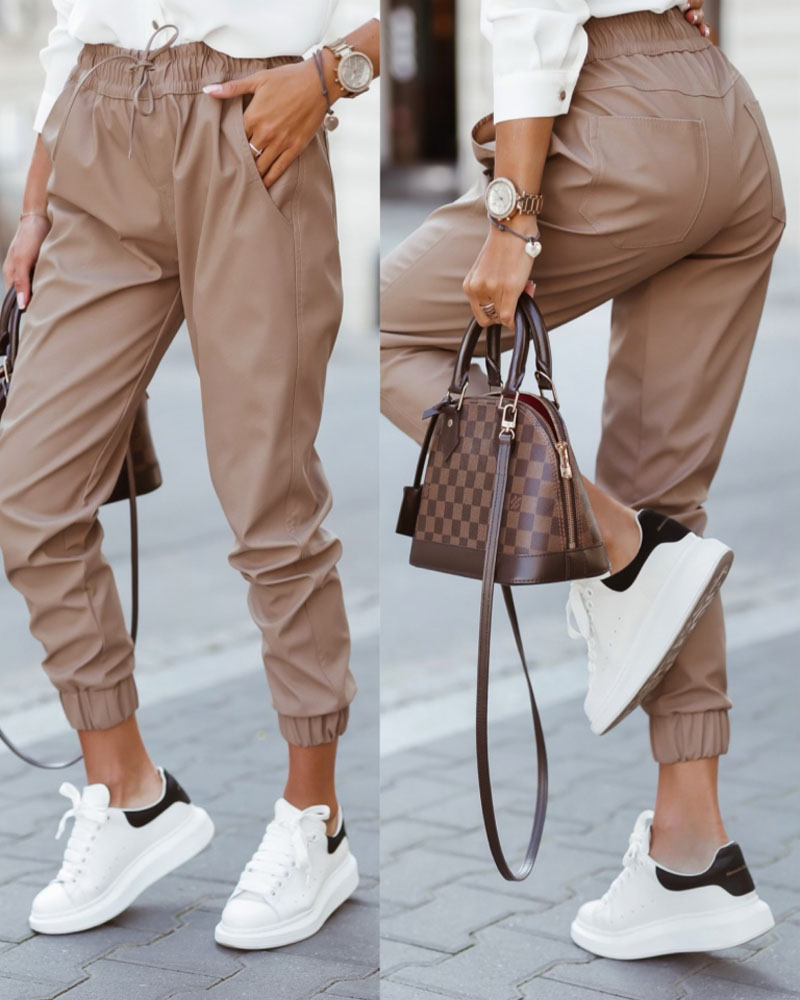 

Drawstring Waist PU Leather Cuffed Pants, Khaki