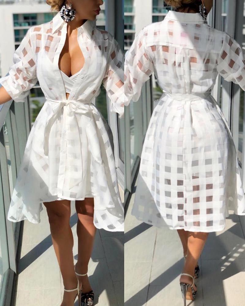 

Plaid Pattern Sheer Mesh Buttoned Shirt With Belt, White