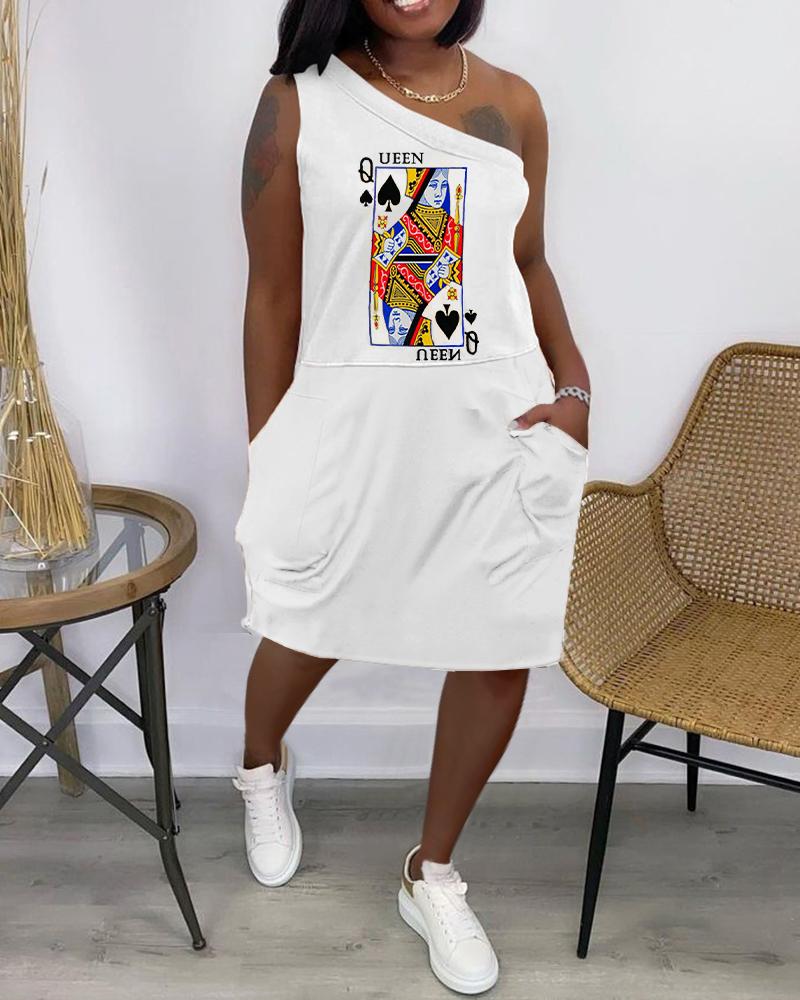 

Poker Print One Shoulder Pocket Design Casual Dress, White