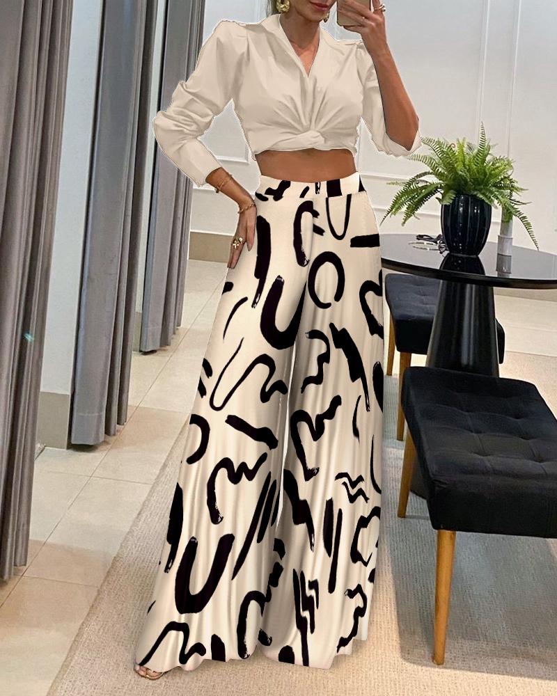 

Long Sleeve Shirt & Abstract Print Wide Leg Pants Set, Apricot