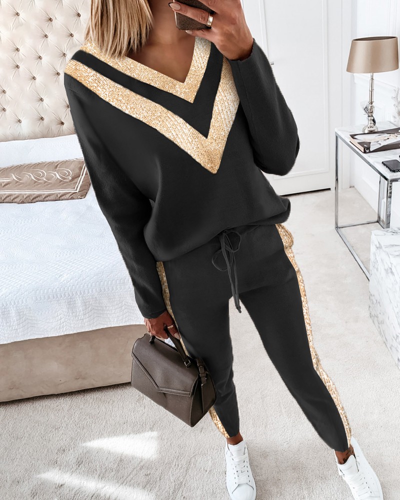 Chevron Sequin Drawstring Hoodie main image 1