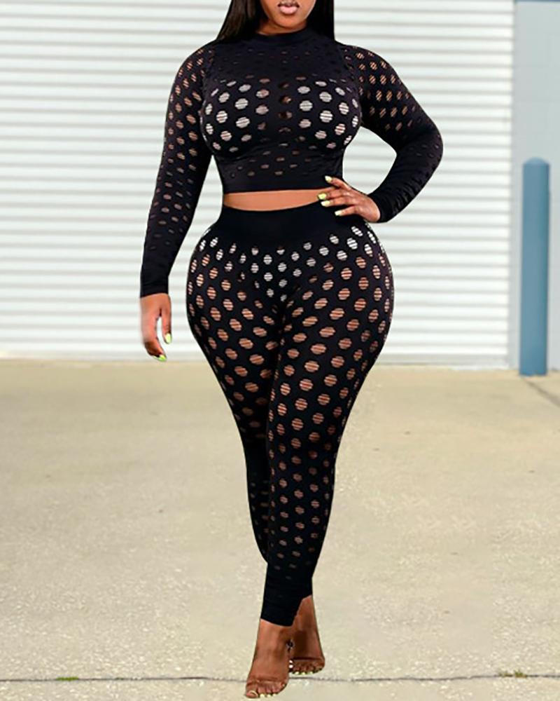 

Plus Size Hollow Out Long Sleeve Top & High Waist Pants Set, Black