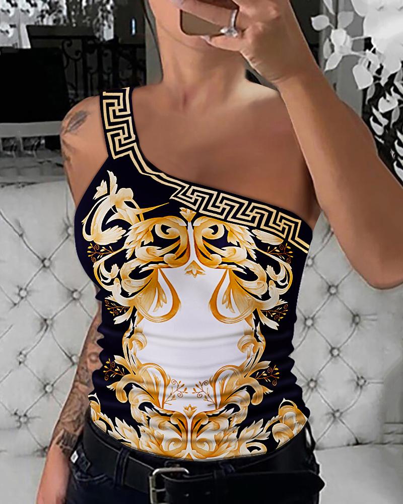 

Baroque Print One Shoulder Top, Black