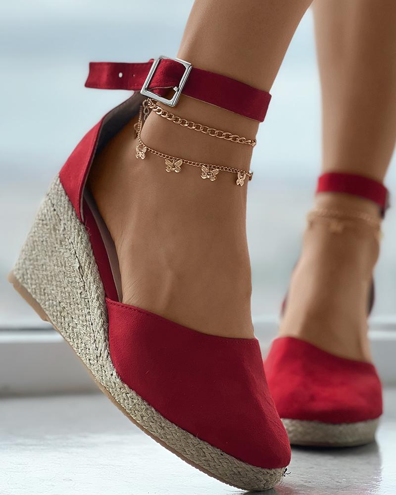 

Ankle Strap Buckled Espadrilles Wedge Sandals, Red