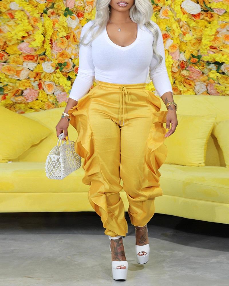 

Ruffle Hem High Waist Satin Pants, Yellow