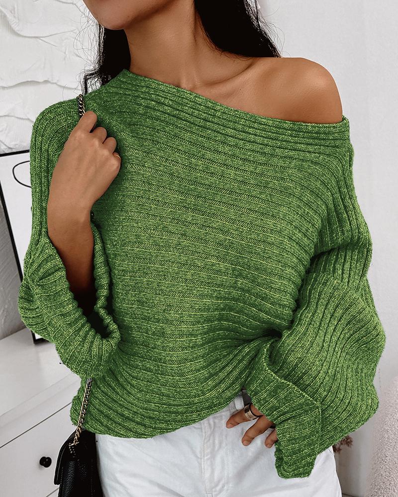 

Skew Neck Long Sleeve Sweater, Green