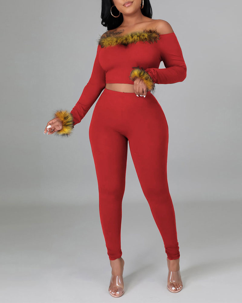 

Off Shoulder Fuzzy Trim Crop Top & Pants Set, Red