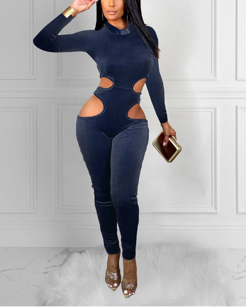 

Long Sleeve Cutout Skinny Jumpsuit, Blue