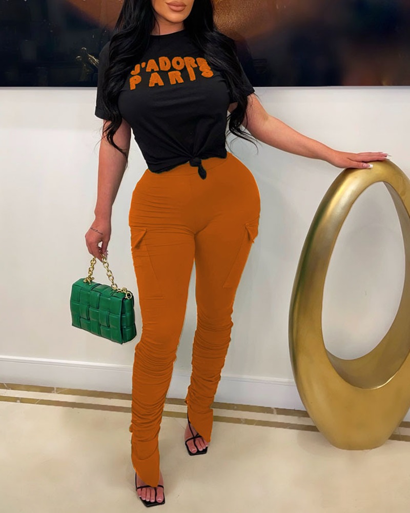 

Letter Print Short Sleeve Top & High Waist Pants Set, Orange
