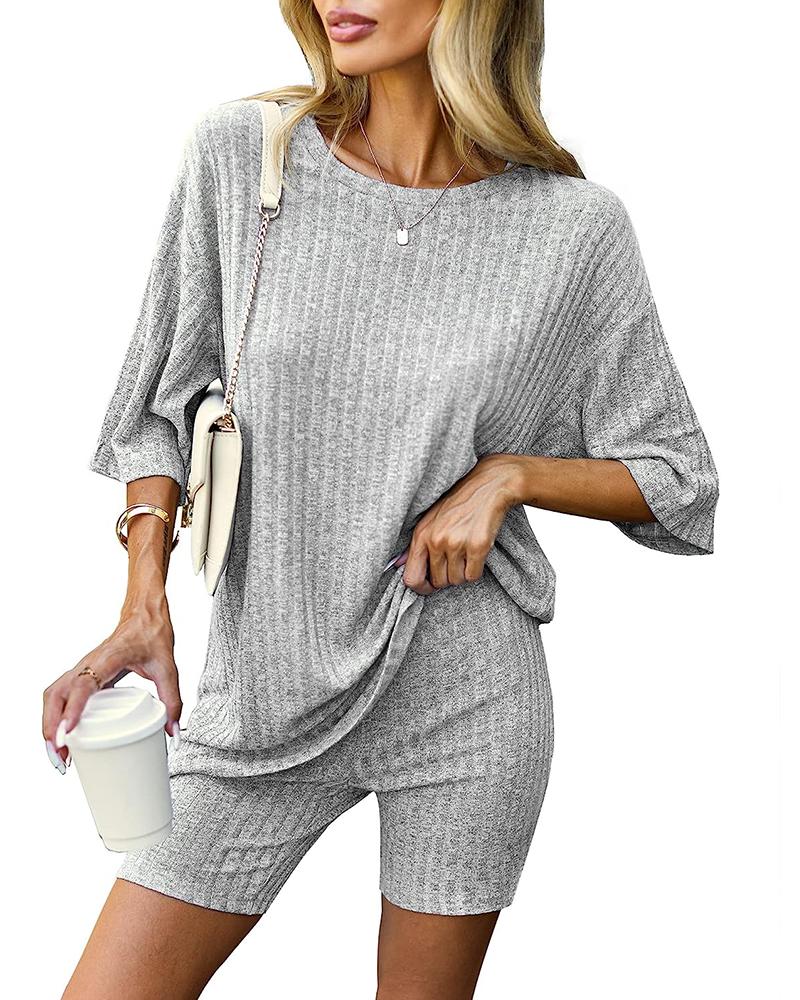 

Ribbed Round Neck Top & Shorts Set, Light gray