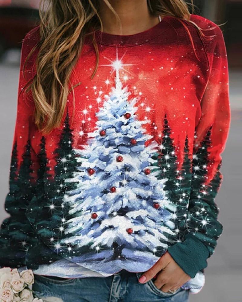 

Christmas Tree Print Long Sleeve Sweatshirt, Style1