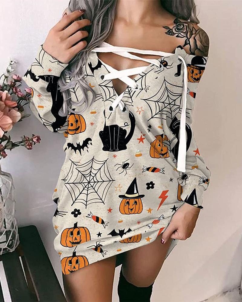 

Halloween Graphic Pumpkin Print Eyelet Lace-up Sweatshirt Dress, Apricot