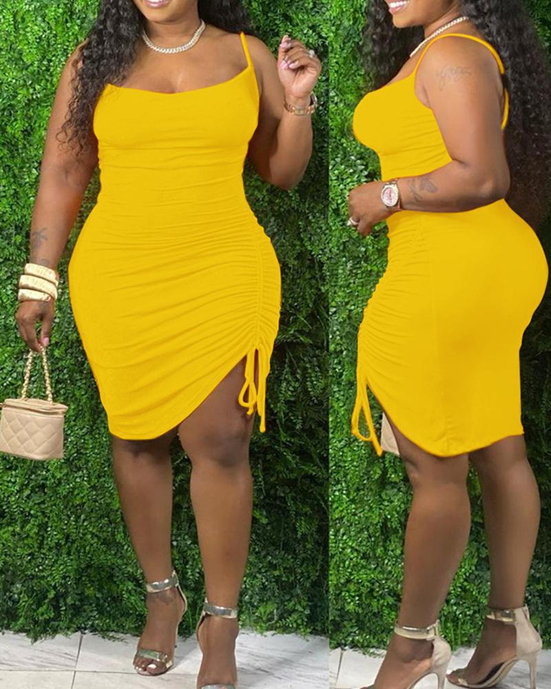 

Plain Square Neck Drawstring Ruched Cami Bodycon Dress, Yellow