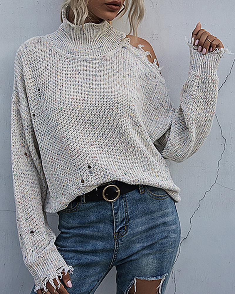 

Cold Shoulder Hollow Out Fringe Hem Knit Sweater, Beige