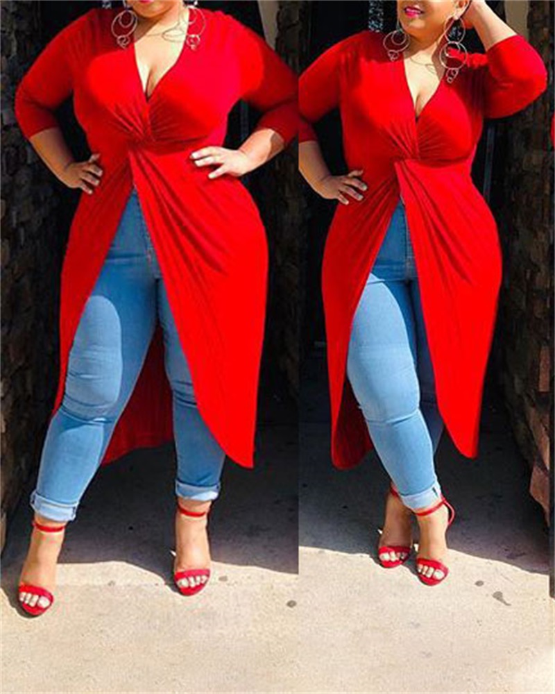 

Plus Size V-Neck Twist Front High Slit Midi Dress, Red