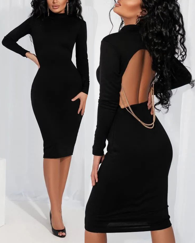 

Chain Decor Backless Long Sleeve Bodycon Dress, Black