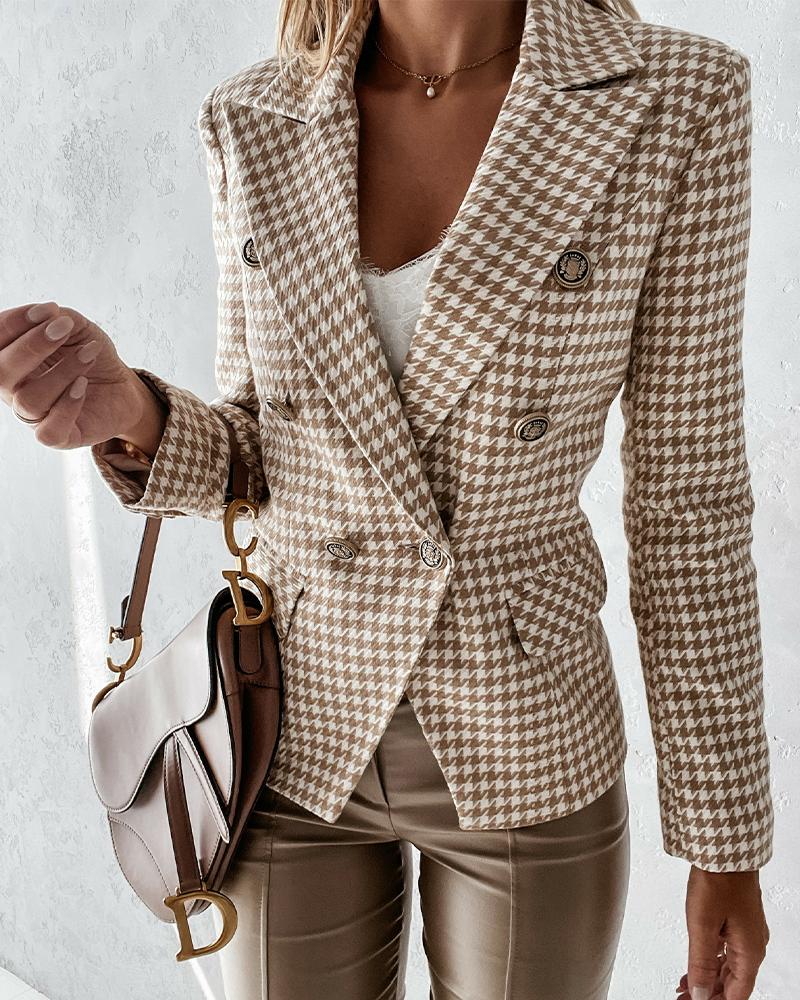 

Houndstooth Double Breasted Flap Detail Blazer Coat, Khaki