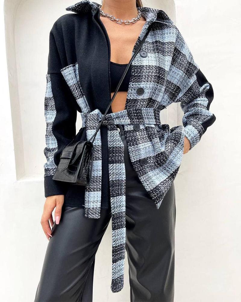 

Plaid Print Colorblock Button Front Shacket With Belt, Blue