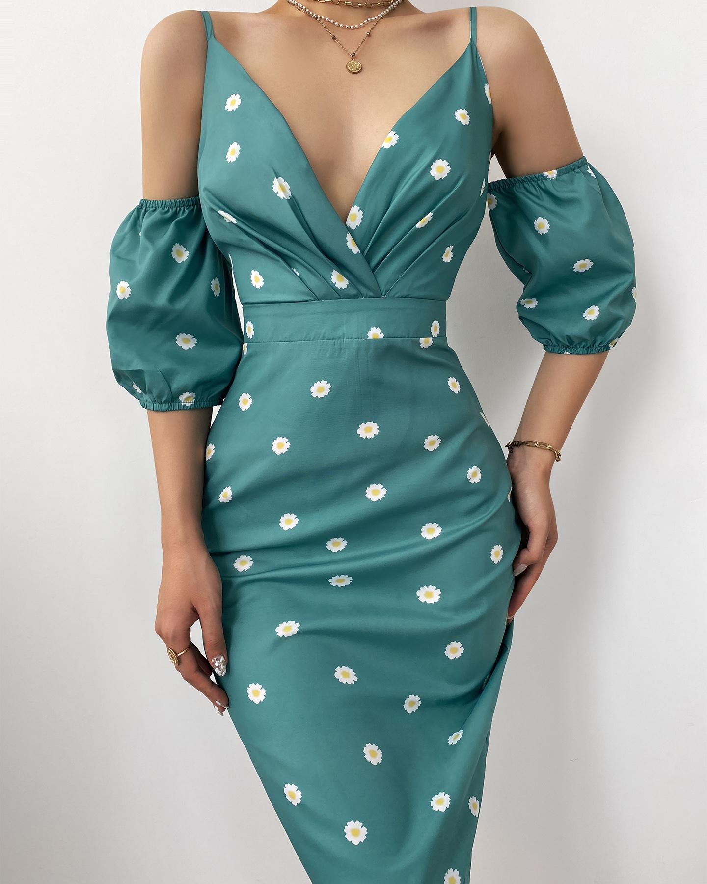 

Daisy Print Cold Shoulder Ruched Casual Dress, Green