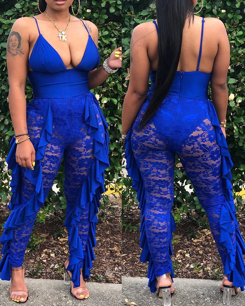 

Plunge Ruffle Hem Crochet Lace Patch Jumpsuit, Blue