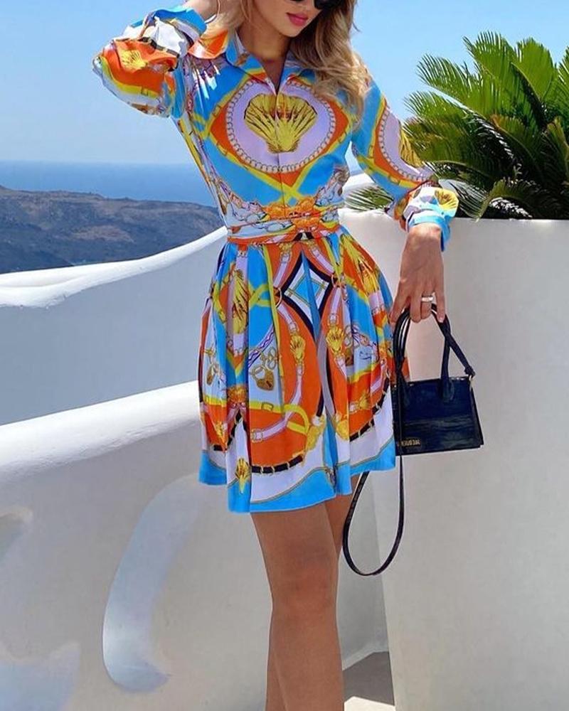 

Scarf Print Button Front Belted Pleated Shirt Dress, Yellow