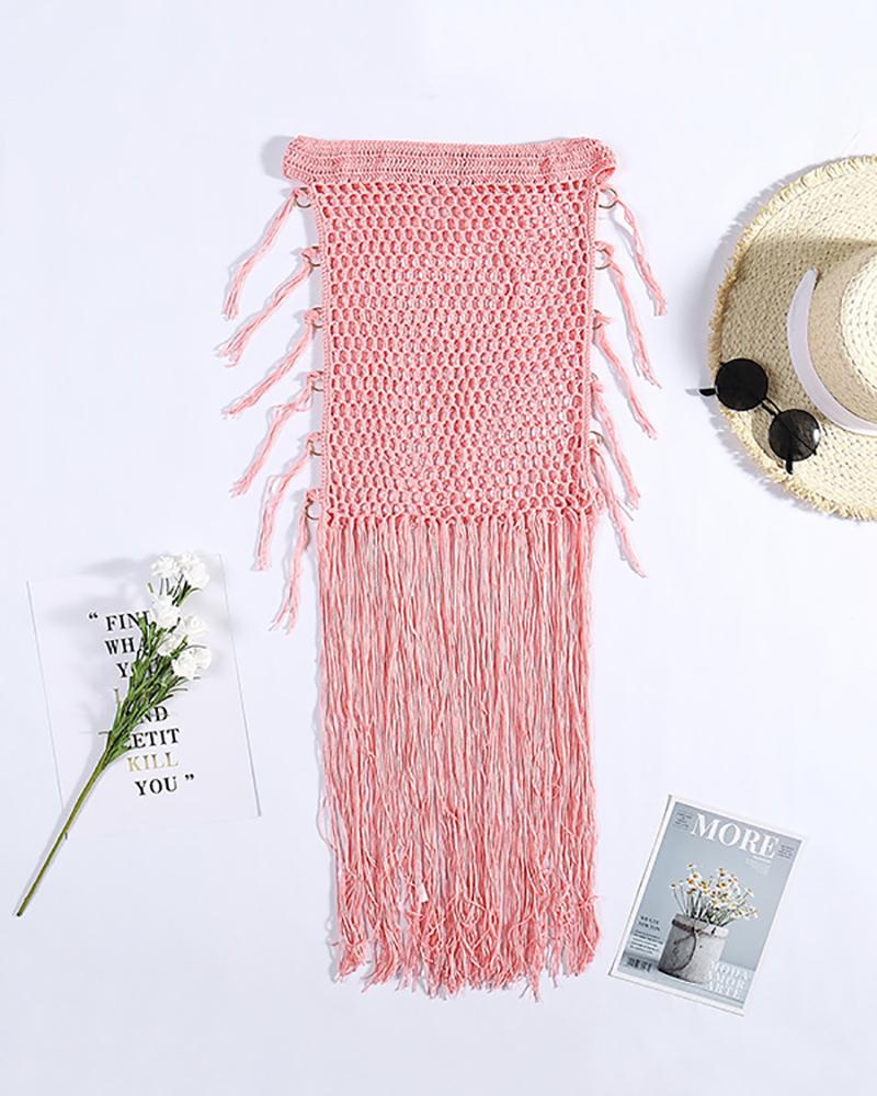 

Hollow-Out Tassel O-Ring Crochet Bohemian Cover Up Skirt, Pink