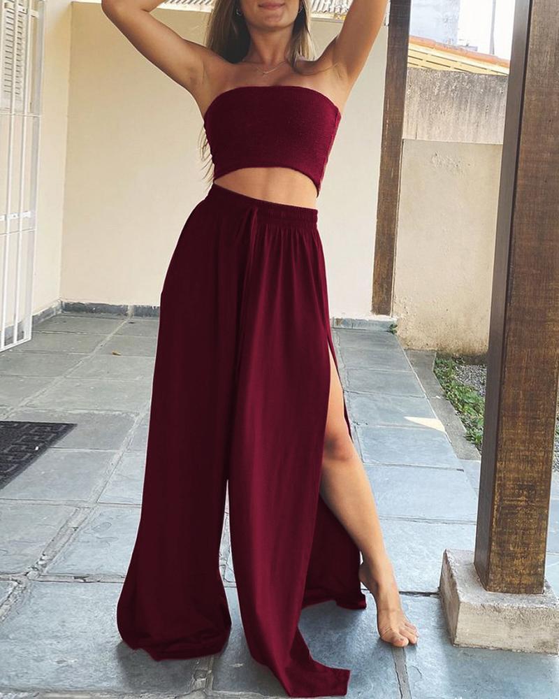 

High Waist Tied Detail Slit Wide Leg Pants, Wine red