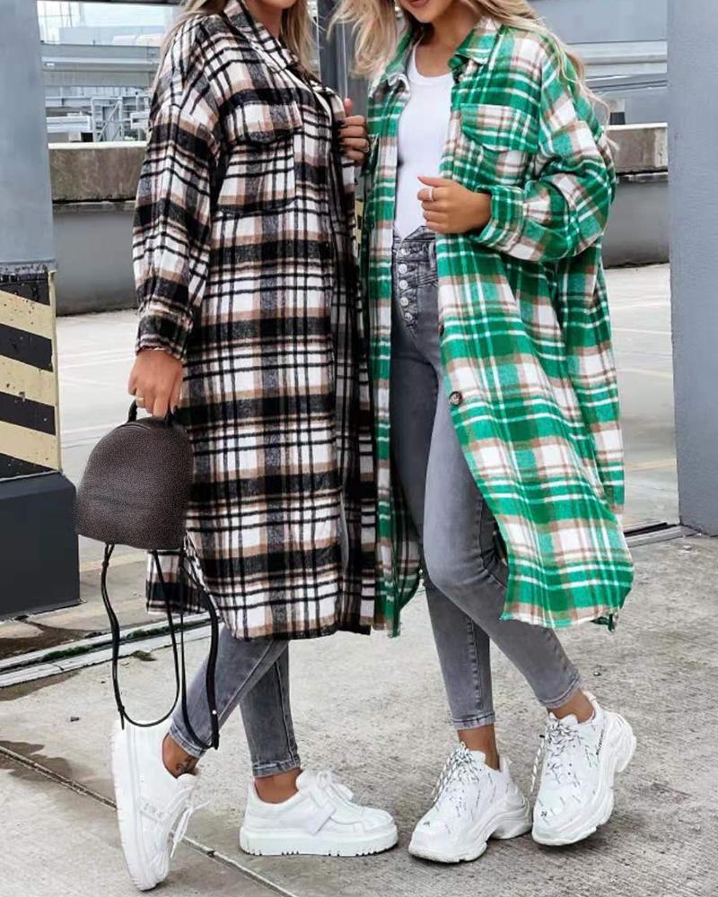 

Plaid Print Button Front Longline Shacket, Green