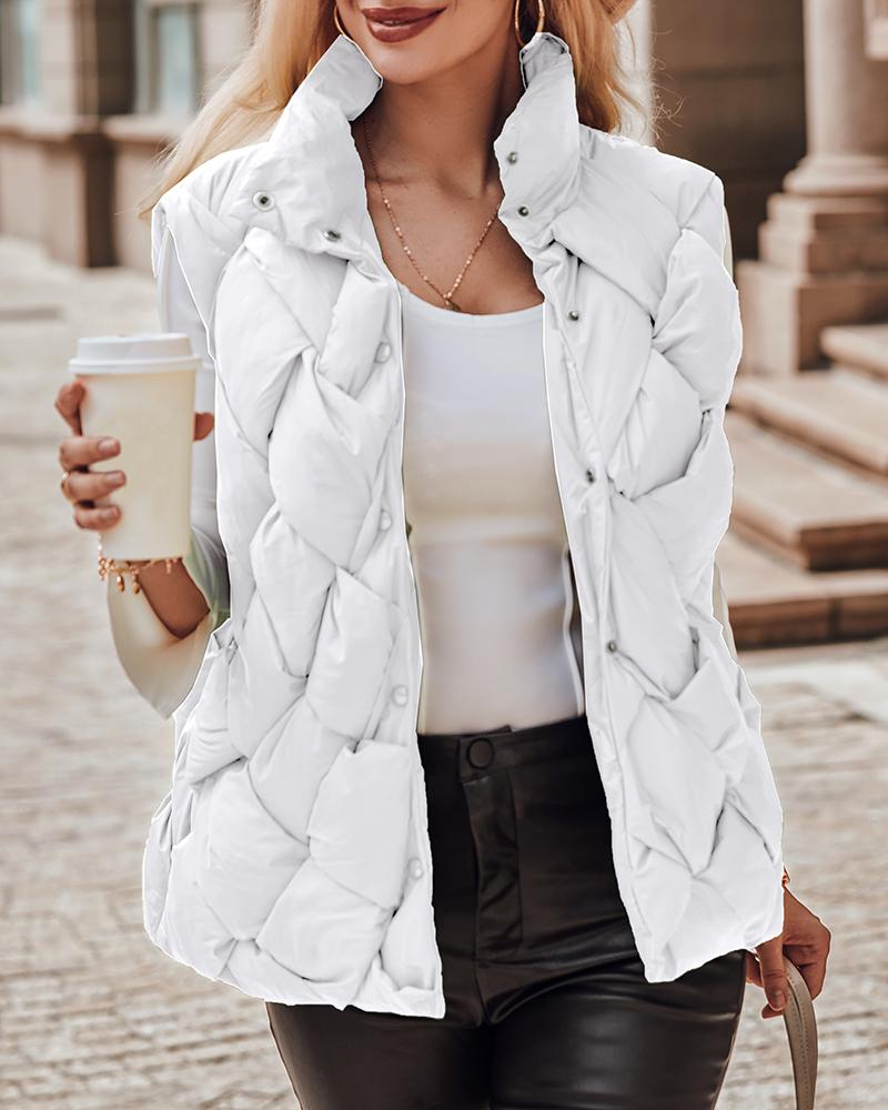 

Snap Button Quilted Vest Puffer Jacket, White